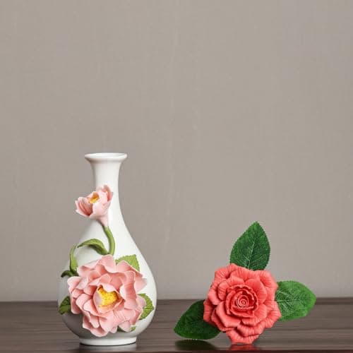 Handmade Pinched Flowers Ceramic Vase with One Ceramic Rose Flower, Home Decor Ceramic Vase for Dining Table, Living Room, Kitchen, Bedroom, Shelf, Office, Coffee Table, Restaurant & Fireplace Mantel