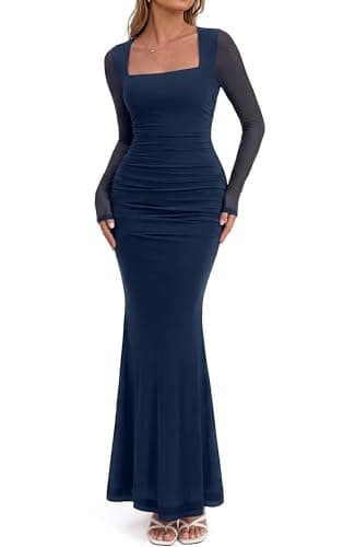 BTFBM Women's Maxi Dresses Fall 2026 Long Sleeve Ruched Bodycon Dress Square Neck Cocktail Party Wedding Guest Dresses(Navy,XX-Large) - Image 1
