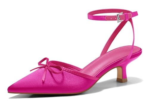 Coutgo Satin Kitten Low Heels with Bow Closed Pointed Toe Short Pumps Dress Wedding Party Shoes, Hot Pink, Size 7 - Image 1