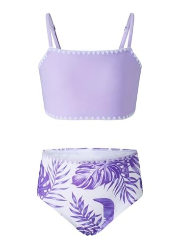 blibean Tween Girls Swimsuit Teen Two Piece Bathing Suit Little Kids Hawaii Bikini Sets Junior High Waisted Swimwear Floral Boho Swimming Suits Beach Traje Baño Niñas Size 6-7 Year Old Violet - Image 1