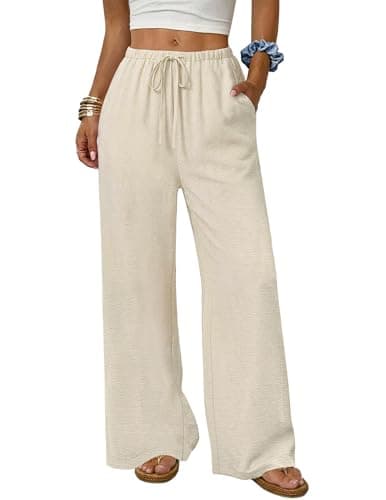 LOOKBOHO Pants for Women Womens Cotton Linen Palazzo Pants Drawstring Elastic Waist Casual Wide Leg Trousers with Pockets Apricot M - Image 1