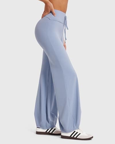 MOOSLOVER Women Bubble Yoga Pants Drawstring Fold Over Flare Leggings Pilates Casual Lounge Pant(L,Blue) - Thumbnail 2
