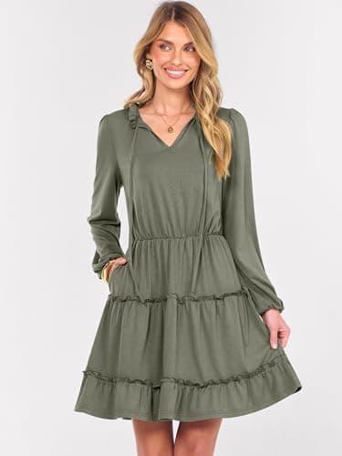 Caracilia Long Sleeve Dress for Women Fall 2026 Casual V Neck High Waist Tiered Ruffle Aline Swing Tunic Short Mini Dresses X-Large Army Green - Thumbnail 2
