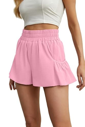 FREEOAK Workout Shorts for Women High Waisted Athletic Running Shorts Gym Quick Dry Tennis Skirts Flowy Shorts with Pockets Pink - Image 1