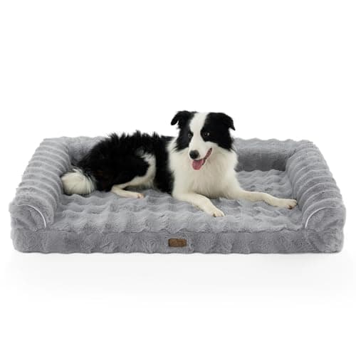 Faux Fur Orthopedic Dog Bed, Extra Large Dog Bed, Supportive Foam Pet Sofa with Waterproof Lining Cover, Washable U-Shaped Pet Couch with Anti-Slip Bottom Design, Grey XXL 48x32x8 inch