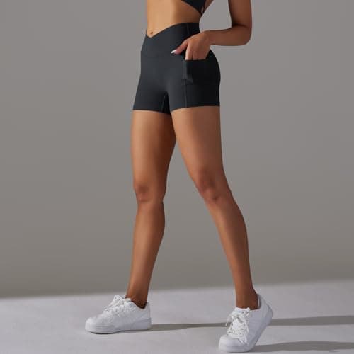 bpbtti Women's Crossover High Waist Workout Shorts with 2 Side Pockets (Black/Blue, M) - Thumbnail 5