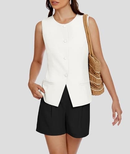 Casly Lamiit 2 Piece Short Sets for Women 2025 Summer Sleeveless Vest Business Casual Outfits High Waisted Suit Dressy Blazer Work Attire Black White XL - Thumbnail 5