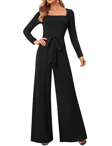 LOOKBOHO Women's Black Jumpsuits 2025 Long Sleeve Casual Dressy Wide Leg Square Neck Elegant Spring Long Rompers Jumpsuit L - Image 1