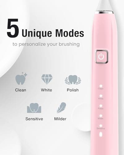 7AM2M Sonic Electric Toothbrush for Adults&Kids, Type-C Charging Run for 120 Days, with 6 Brush Heads, 5 Modes&40000VPM Powered Rechargeable Toothbrush, Travel & Home Use (Pink) - Thumbnail 5