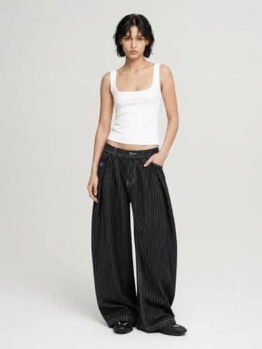Aelfric Eden Pinstripe Baggy Barrel Jeans Pleated Wide Leg Denim Pants Men Women Loose Fit Streetwear Vintage Trousers Black XS - Thumbnail 2