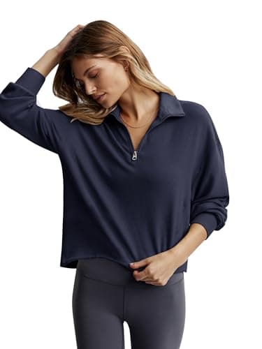 COCOMARTS Womens Sweatshirts Half Zip Pullover Drawstring Waist Sweaters Quarter Zipper Hoodies 2025 Fall Winter Fashion Clothes Outfit Navy Blue X-Large - Thumbnail 2