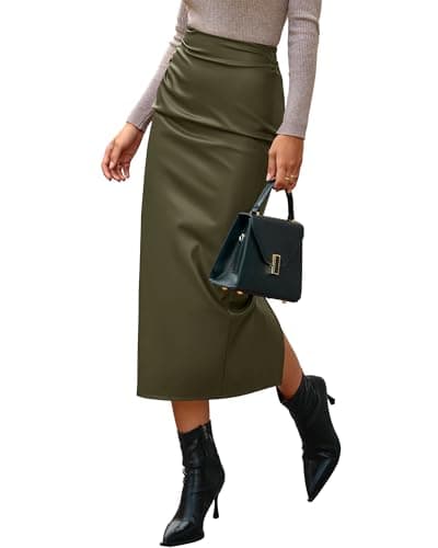 BTFBM Skirts for Women Trendy Spring 2026 Elastic Waist Ruched Bodycon Slit Pencil Midi Leather Skirt Bussiness Casual(Army Green, Small) - Image 1