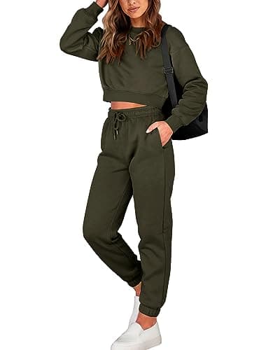 BTFBM Women 2 Piece Outfits Long Sleeve Crop Top Pullover Drawstring Pant Jogger Set Casual Sweatsuits Tracksuit Pockets(Army Green, Medium) - Image 1