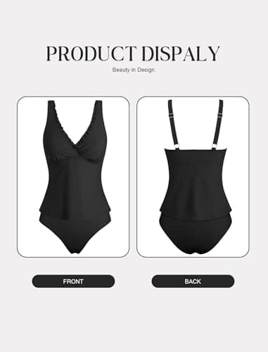 ZAFUL Womens Tummy Control Bathing Suits Modest Swimsuits Two Piece Tankini Top with High Waisted Bottom Black M - Thumbnail 6