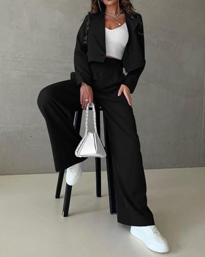 KIRUNDO Blazer Sets Women 2 Piece Outfits Casual Cropped Blazer Jackets High Waist Wide Leg Pant Suits Dressy Office Clothes(Black, X-Large) - Thumbnail 2