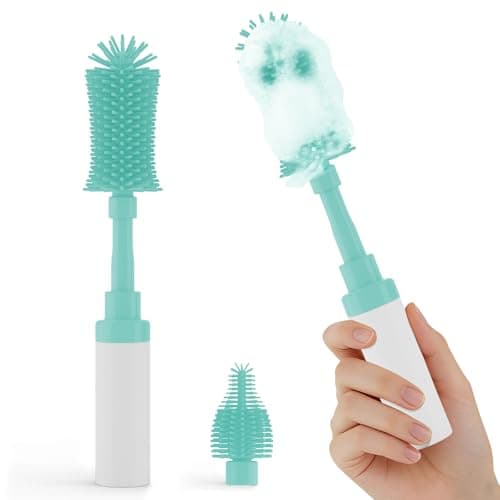 ZTX Push-to-Foam Silicone Bottle Brush Set - One-Press Rich Foam for Baby Bottles, Breast Pump Parts & Nipples - with Detachable Nipple Brush & Portable Travel Storage Bag, Blue