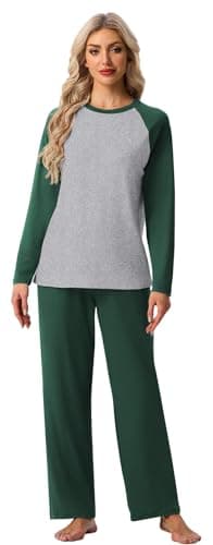 PrinStory Women's Pajamas Set Sleepwear Pjs loose-fit Long Sleeve Crewneck Shirts and Pant Soft Comfy Sleep Sets Dark Green S - Thumbnail 4