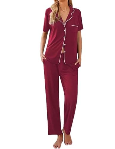 Ekouaer Women Pajamas Set Button Down Sleepwear Short Sleeve Nightwear with Long Pants Soft Pjs Set S-XXL Dark Red L - Image 1