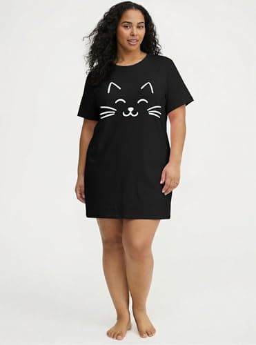 BLANCHES Plus Size Nightgowns for Women Sleeping Night Shirts Short Sleeve Sleep Shirt Printed Sleepwear Loungewear Soft Print Nightshirts A-black - Thumbnail 2