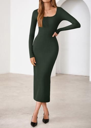 Lazysmile Women's 2026 Fall Long Sleeve Bodycon Maxi Dress Crew Neck Button Down Side Slit Knit Casual Dresses Army Green - Thumbnail 3