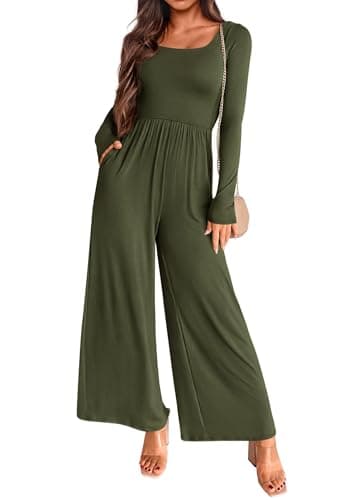 KIRUNDO Long Sleeve Jumpsuit for Women 2026 Spring Outfits Summer One Piece Square Neck Wide Leg Pants Romper With Pockets(Army Green, Medium) - Image 1