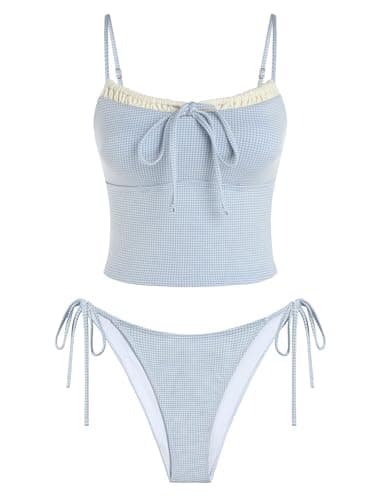 ZAFUL Light Blue Gingham Womens Cute Tankini Bathing Suits Two Piece Checkered Tankinis Sets Bow Color Block Swimsuits with Tie Side Bottom - Image 1