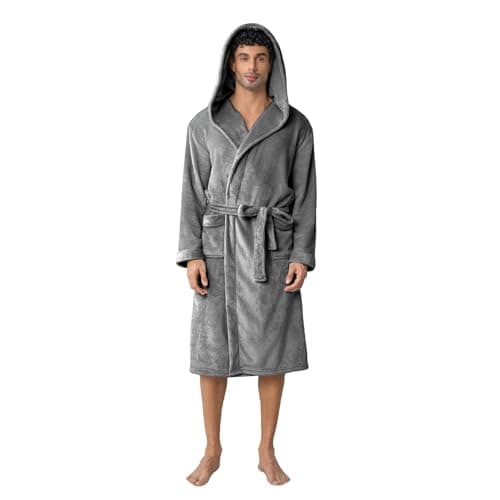 Lagtew Men's Hooded Fleece Bathrobe, Absorbent Towel Plush Robe for Men with Pockets, Warm Soft for Home,DARK GREY,S/M - Image 1