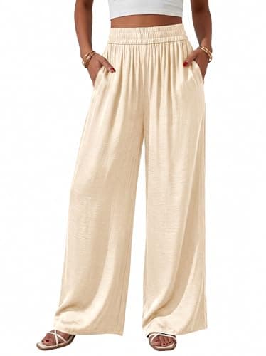 BTFBM Wide Leg Pants Woman Summer 2026 Pockets Dressy Flowy Lightweight Glitter Satin Palazzo Beach Vacation Clothes(Beige, XX-Large) - Image 1