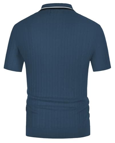 PJ PAUL JONES Polo Shirts for Men Knitted Textured Polo Shirts Collared Knit Polo T-Shirts for Men Night Out Blue M - Thumbnail 3