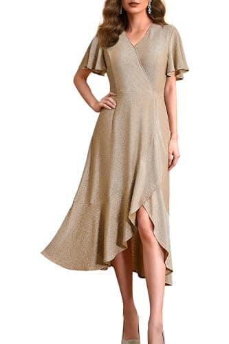 Autumn Flowerwall Women Wedding Guest Dress Sparkle Cocktail Gown Champagne Medium Lustrous Knit V Neck Flutter Sleeve A-Line Semi Formal Dresses for Women Anniversary Dinner Outfit - Image 1