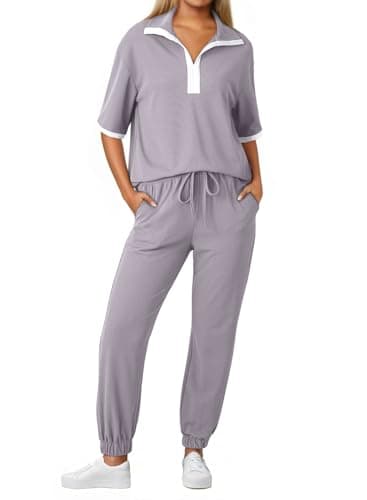 Dokotoo Sweatsuit for Women 2 Piece Outfits Casual V Neck Short Sleeve Pullover Sweatshirts Long Pants Tracksuit Lounge Jogger Set with Pockets Grey Medium - Image 1