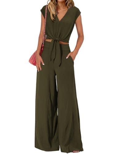 PRETTYGARDEN Vacation Outfits For Women 2025 Solid Color Cute 2 Piece Long Pant Sets Dressy Work Business Officce Outfit(Solid Army Green,Small) - Image 1