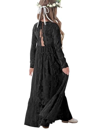 ALLOVIN Toddler & Girls Long Sleeve Lace Flower Girl Dress Maxi Boho A-Line Dress for Wedding Baptism 1st Communion | Black | 11-12Y - Image 1
