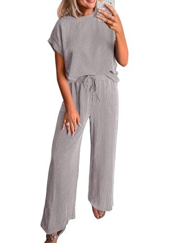 KIRUNDO 2 Piece Sets for Women Dressy Casual Ribbed Knit Short Sleeve Tops Wide Leg Pants Lounge Set Travel Airport Outfits(Grey, Small) - Image 1