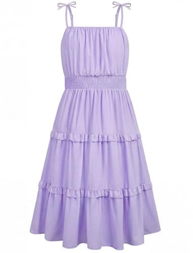 Girls Summer Dresses Spring Beach Purple Casual School Cami Midi Dress Birthday Vestidos para Niñas Little Kids Ruched Layered Ruffled Tiered Sleeveless Party Formal Junior Sundress Size 5-6 - Image 1