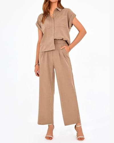 PRETTYGARDEN Womens 2 Piece sets Summer Cap Sleeve Tops Palazzo Pants Dressy Casual Vacation Travel Outfits Tracksuits(Khaki,Medium) - Thumbnail 3