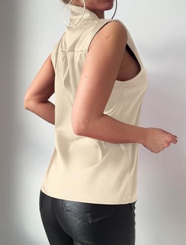 ZAFUL Women's Silk Satin Tank Tops Bow Tie Knot Mock Neck Casual Sleeveless Blouses Summer Basic Tanks Shirt Apricot L - Thumbnail 4