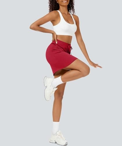 Casly Lamiit Womens Mini Skort Casual Workout High Waisted Drawstring Short Tennis Skirts Lounge Comfortable Red Skirt with Pockets S - Thumbnail 6
