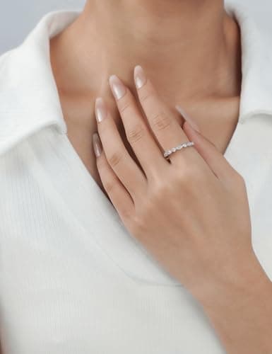 IMOLOVE Moissanite Wedding Bands for Women, Trendy 0.5 Carat Silver Marquise Wedding Band Everyday Fashion Moissanite Eternity Band Rings for Women with 18K White Gold Plated Size 9 - Thumbnail 5