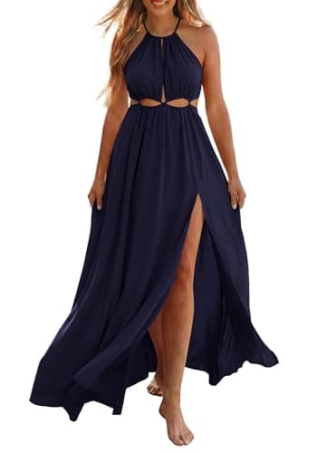 BTFBM Women Halter Summer Dresses 2026 Sleeveless Cutout Backless Sundress Slit Boho Maxi Beach Wedding Guest Dress(Navy, Medium) - Image 1