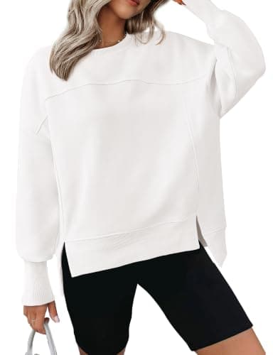 BTFBM Women's Casual Crewneck Sweatshirts 2026 Spring Long Sleeve Side Slit Workout Fleece Pullover Top Fall Fashion Clothing(White, Large) - Image 1