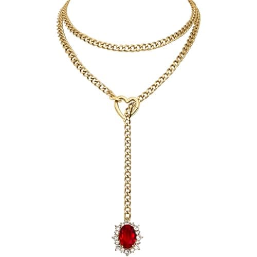 EverGlimp Women's Heart O-Ring Slip Chain Necklace, Double Layered Adjustable 39'' Cuban Chain with Detachable Heart Clasp and Colorful Rhinestone Pendant (Gold-Royal Red) - Image 1