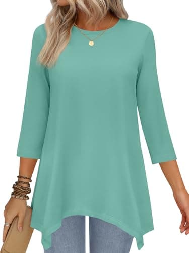 JUSTFASHIONNOW Cadetblue Tunic Tops for Women Loose Fit Dressy Casual 3/4 Length Sleeve Womens Fall Tops Asymmetrical Hem Ladies Clothing Outfits（Green，Small - Image 1