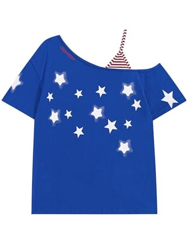 Aelfric Eden Star Graphic Off The Shoulder Tee Women's Oversized Graphic Tees Short Sleeve Summer Cute T Shirts Y2K Tops Blue Large - Image 1