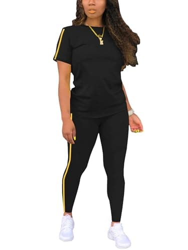 BNGPIKLY Women 2 Piece Outfits Blank Summer Tracksuit Set Short Sleeve Top Travel Long Pant Jogger Lounge Set BlackYellow S