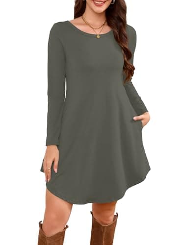 DEARCASE Women's Long Sleeve T Shirt Dress Grey Large Crewneck Knee Length Loose Casual Flowy Swing Tunic Dresses with Pockets - Image 1