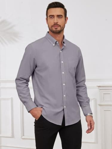 GIANZEN Grade 3.5 Wrinkle-Resistant Men's Purple Grey Lightweight Oxford Dress Shirts Long Sleeve Business Casual Pocket Shirt Purple Grey Size L - Thumbnail 2
