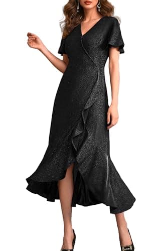 Autumn Flowerwall Women Plus Size Formal Party Gown Sparkle Black 3XL Lustrous Knit V Neck Flutter Sleeve Cocktail Dress A-Line Evening Gowns for Curvy Women Prom Ball Gown Slit - Image 1