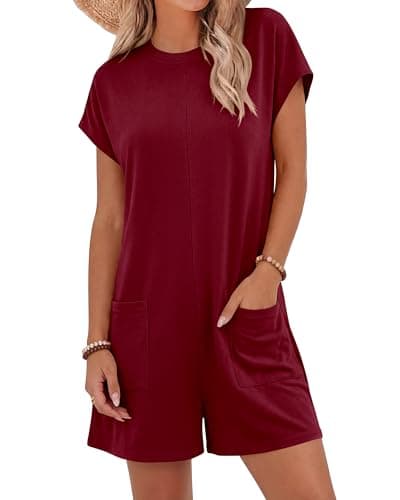 BTFBM Rompers for Women Summer 2026 Casual Dressy One Piece Shorts Tshirt Pants Jumpsuit Beach Vacation Clothes Outfit(Burgundy, XX-Large) - Image 1