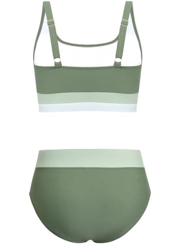 Alakuoti Girls Swimsuit Color Block Adjustable Straps Bikini Sets Teen Girl Two Piece Bathing Suits with Chest Pad Size 10 Green - Thumbnail 2